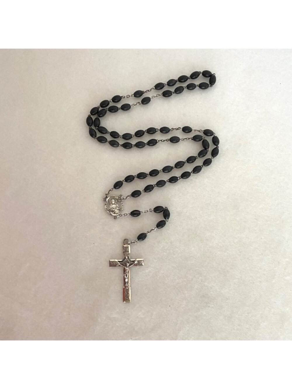 VTG Sterling Silver 925 Italian Black Beaded Rosary Crucifix Cross Y Necklace - Picture 16 of 16